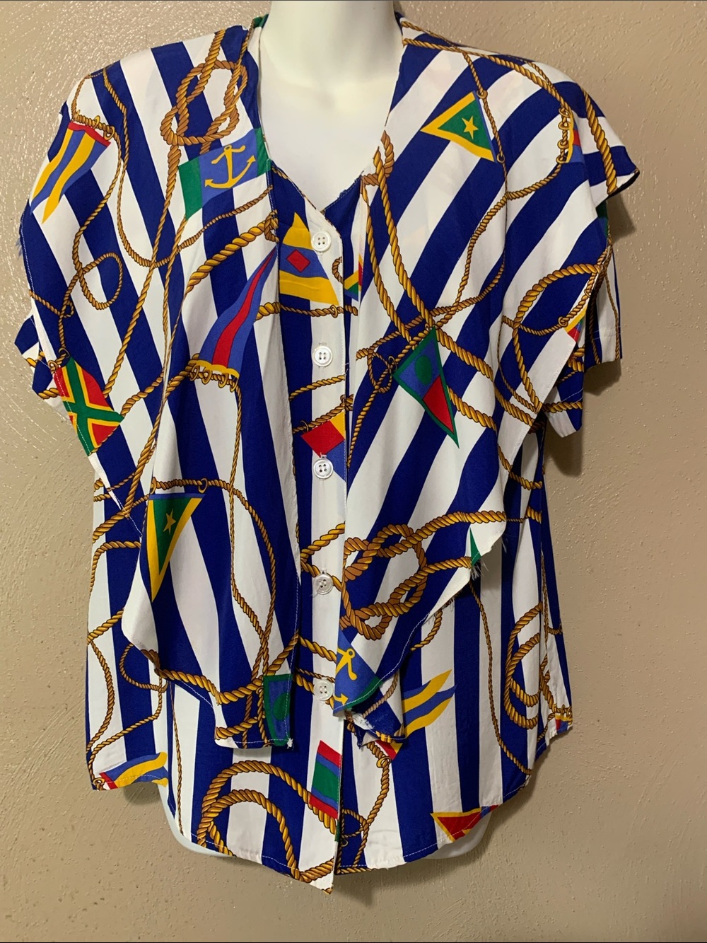Vintage JH Collectibles size 8 Blue & White Striped Nautical Blouse Rope Print